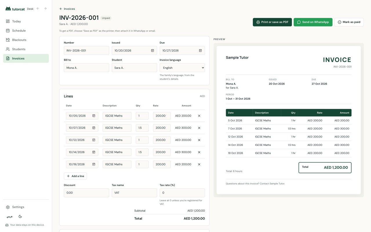 A sample invoice in Tutorcat Desk for five lessons, totalling AED 1,200, with its print preview.