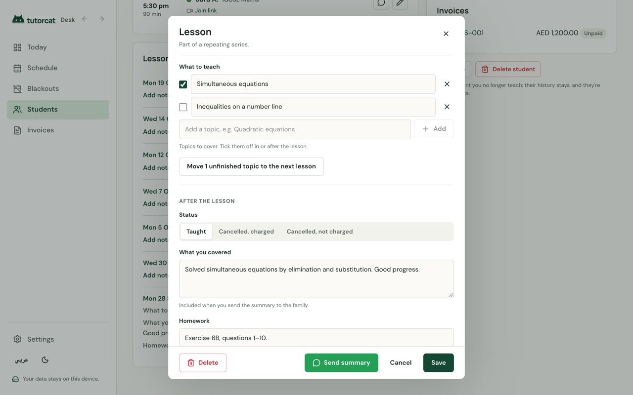 A sample lesson open in Tutorcat Desk: two topics to teach with one ticked off, what was covered and the homework.