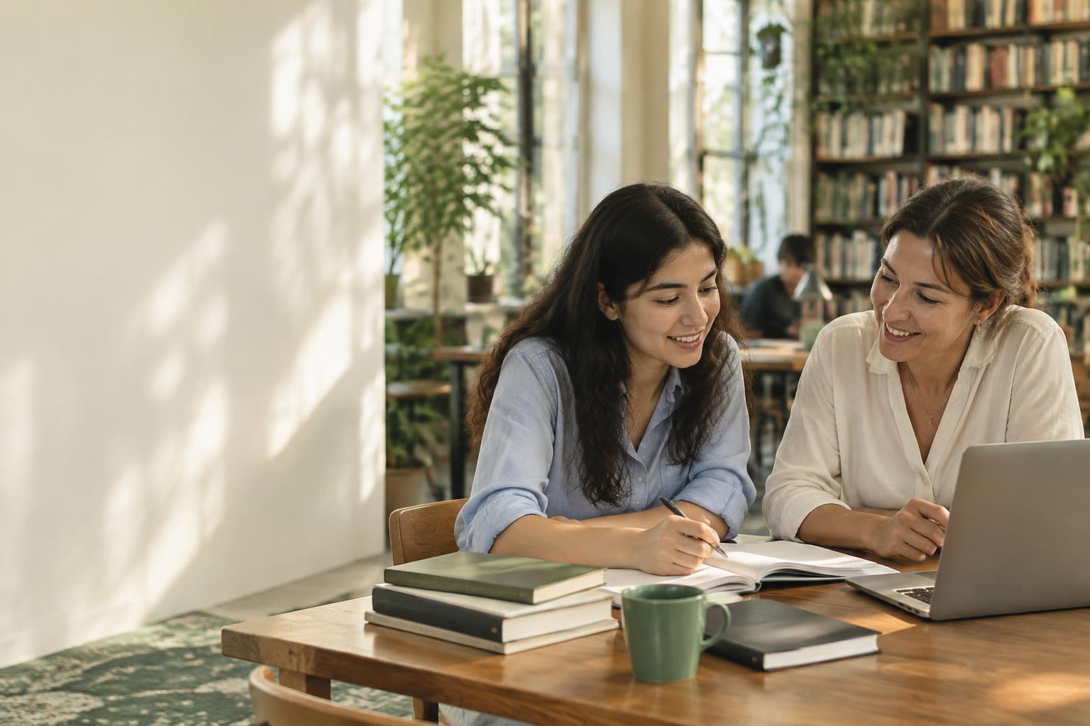 A student and academic mentor discussing her studies in a sunlit library